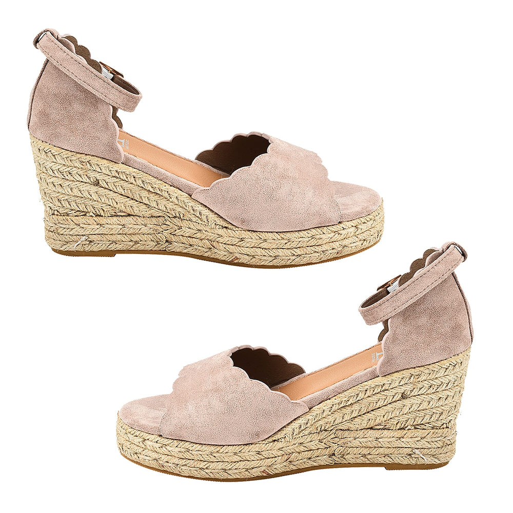 Espadrille Ladies Ria High Wedge Sandal with Scallop and Buckle (Size 7) - Sand