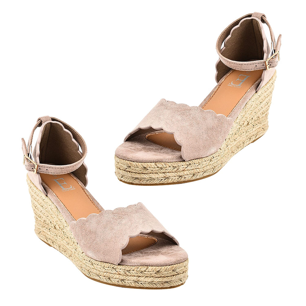 Espadrille Ladies Ria High Wedge Sandal with Scallop and Buckle (Size 7) - Sand