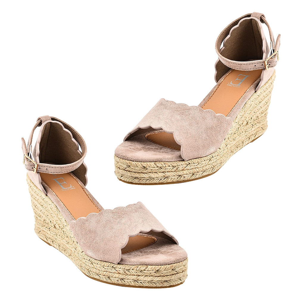Espadrille Ladies Ria High Wedge Sandal with Scallop and Buckle (Size 7) - Sand