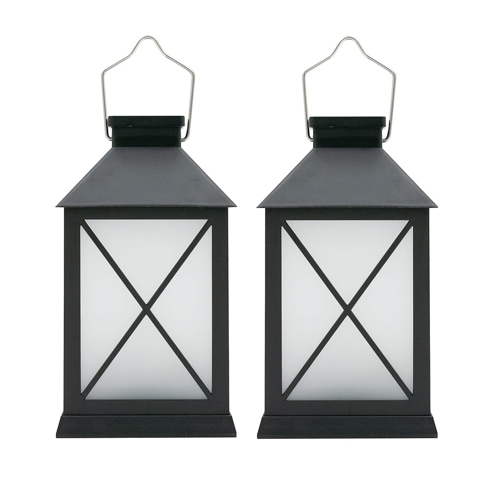 Set of 2 Solar Light Lantern with Cross Design - Black