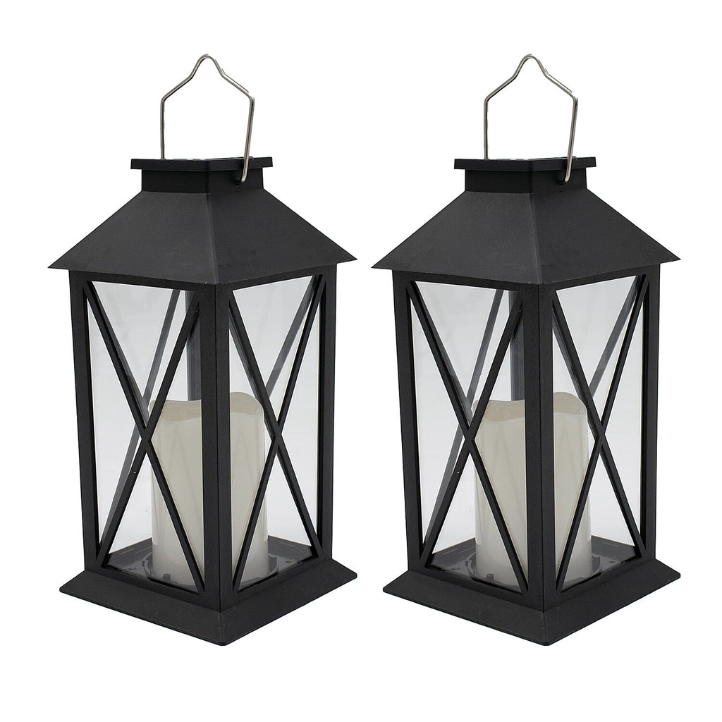 Set of 2 Solar Lantern with Glass Cross Design - Black
