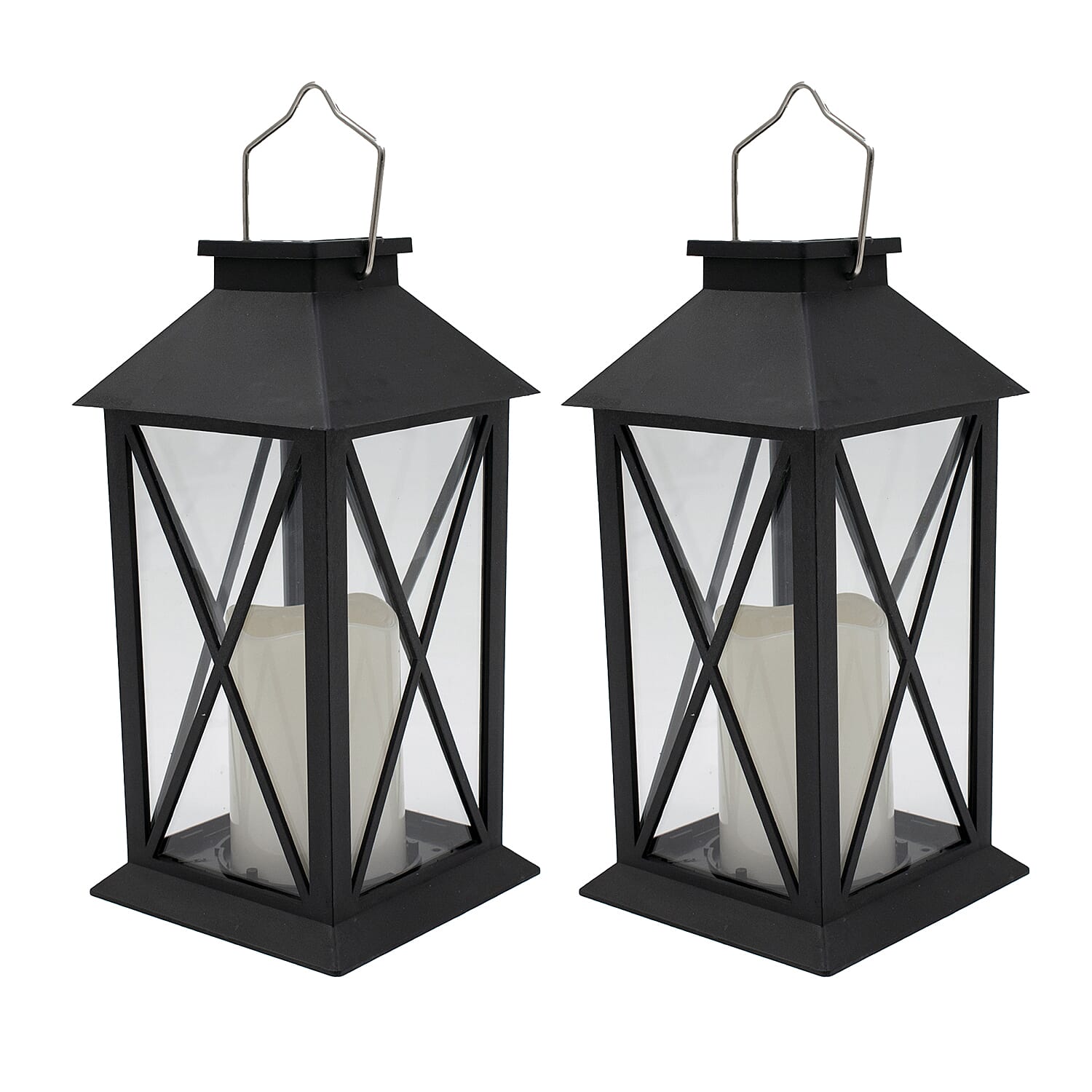 Set of 2 Solar Lantern with Glass Cross Design - Black