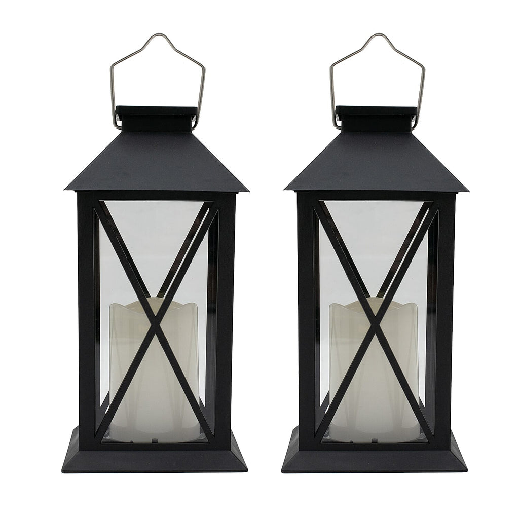 Set of 2 Solar Lantern with Glass Cross Design - Black