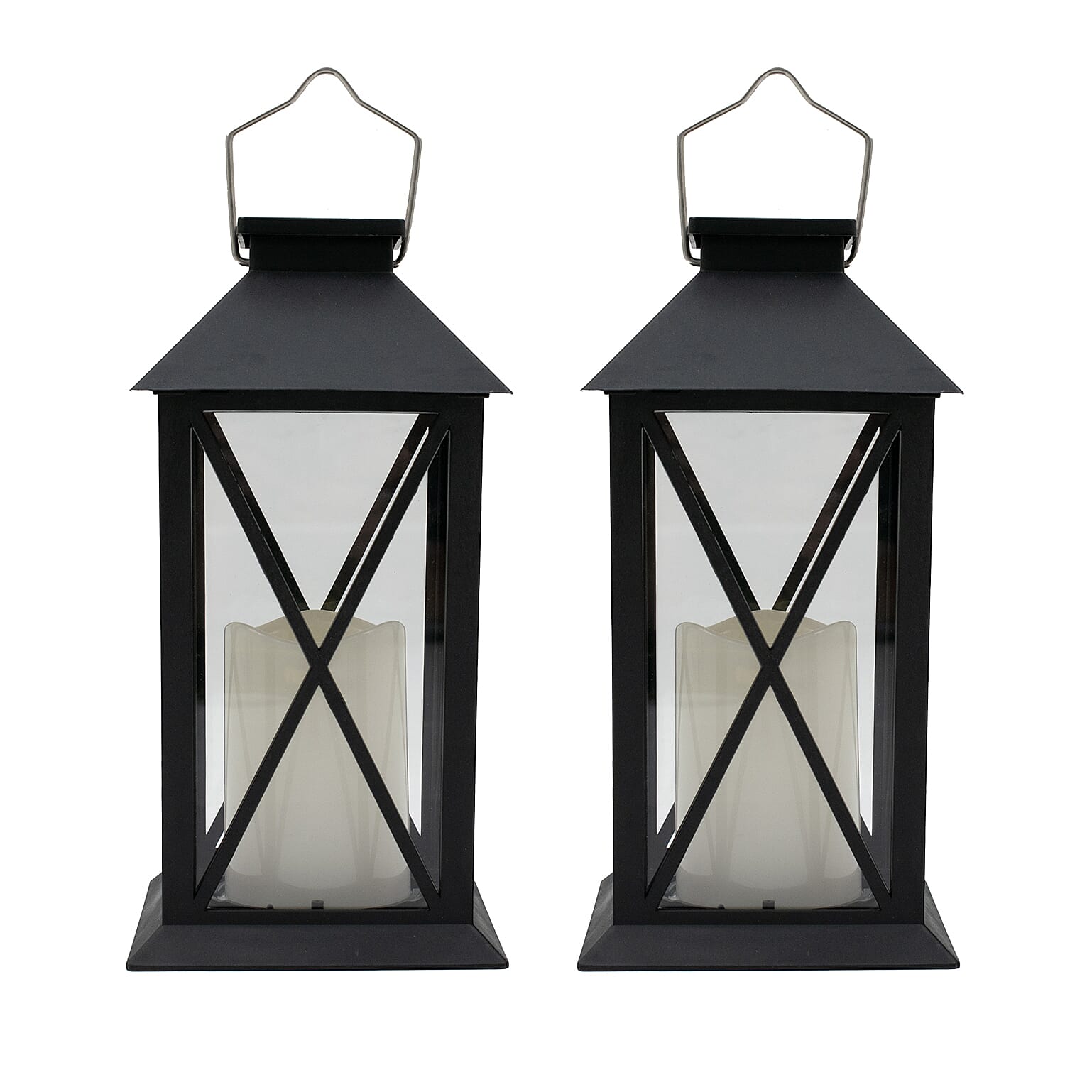 Set of 2 Solar Lantern with Glass Cross Design - Black