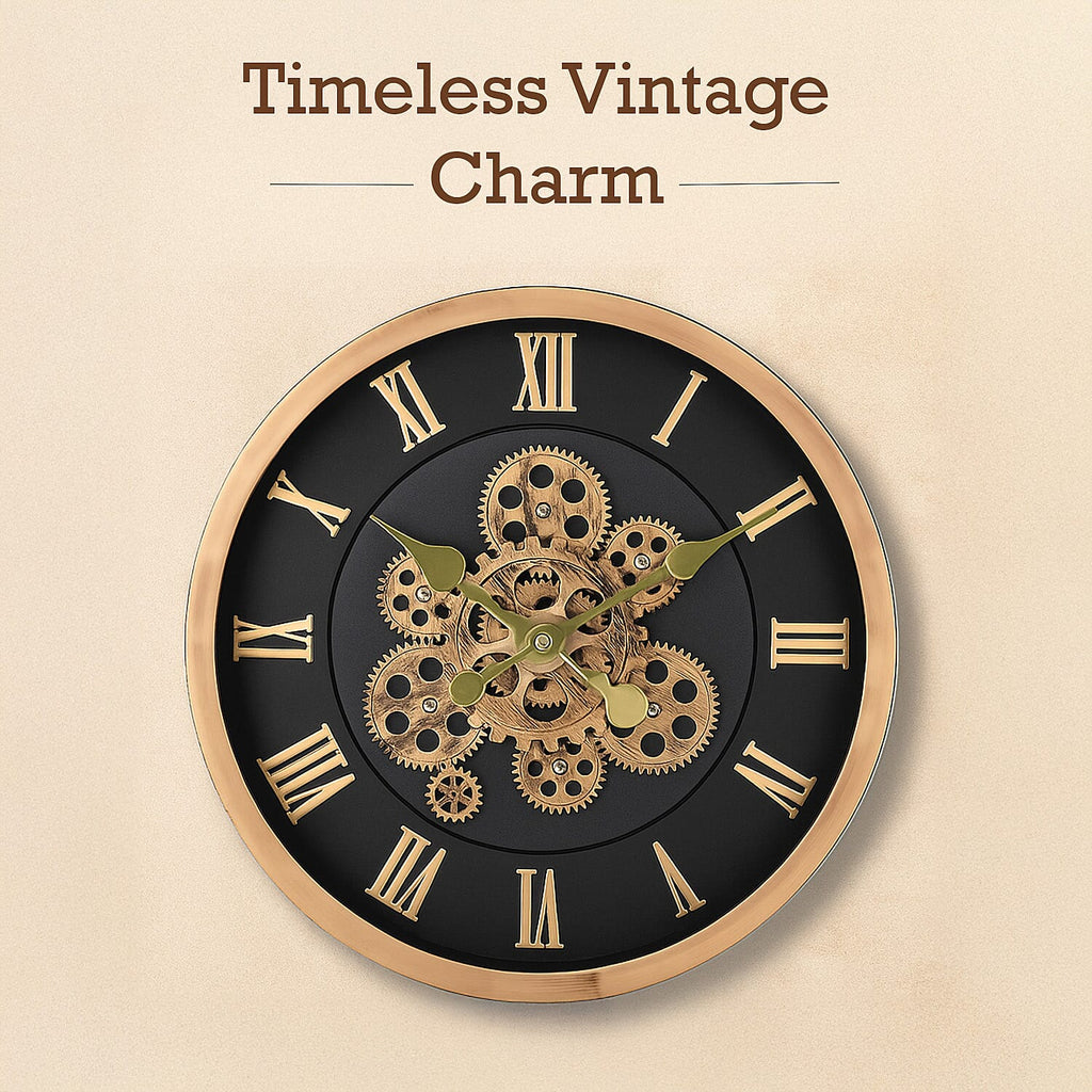 Large Vintage Turning Gears Wall Clock with Large Roman Numerals, Distinctive Retro Design (Size 45 cm) - Black plain