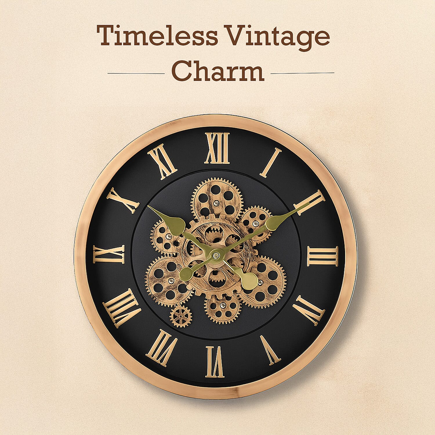 Large Vintage Turning Gears Wall Clock with Large Roman Numerals, Distinctive Retro Design (Size 45 cm) - Black plain