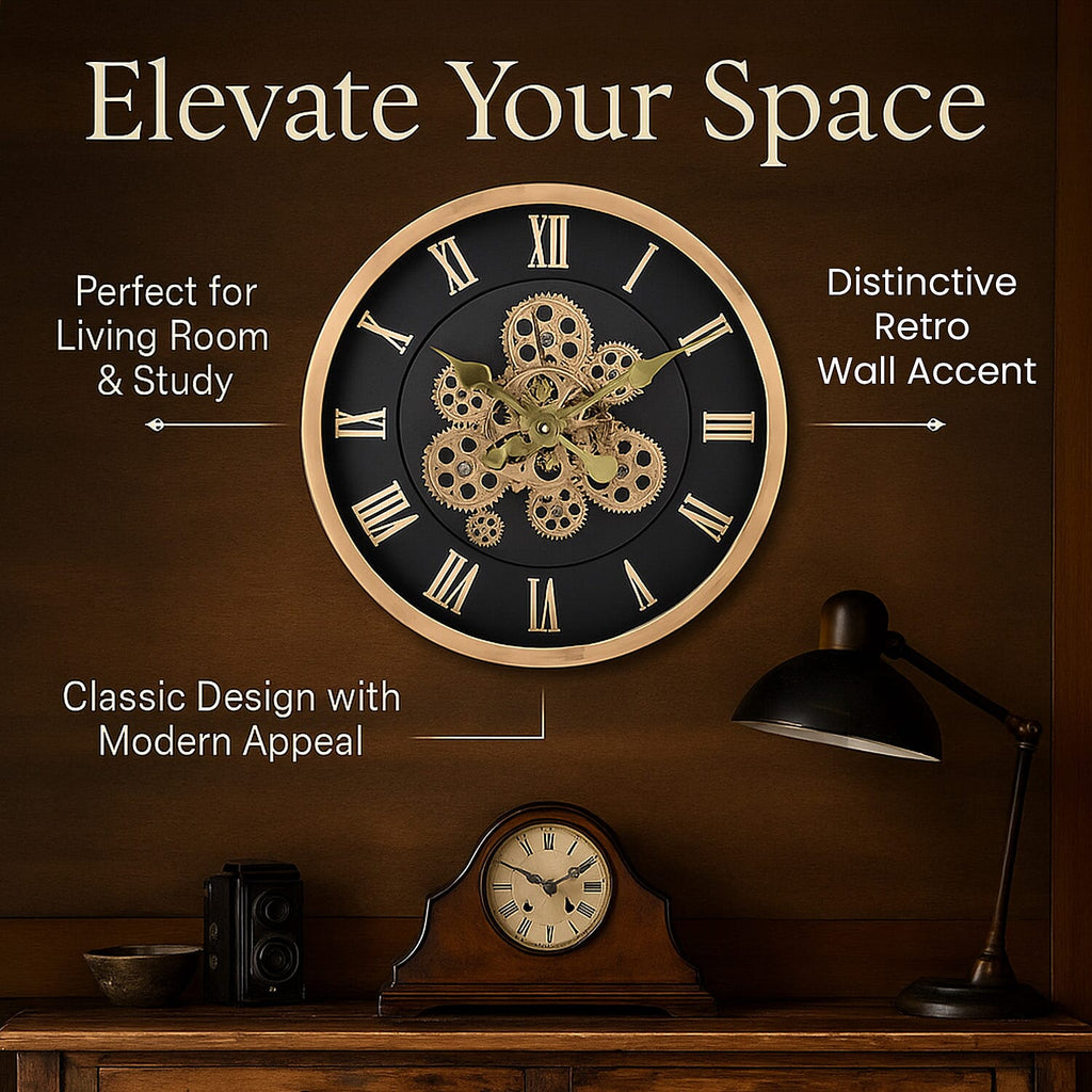 Large Vintage Turning Gears Wall Clock with Large Roman Numerals, Distinctive Retro Design (Size 45 cm) - Black plain