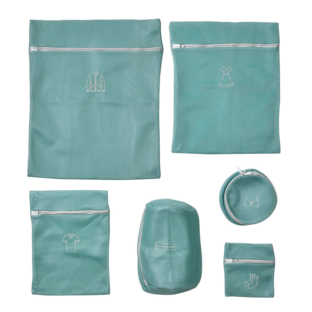 Set of 6 Embroidered Machine Laundry Bags- 1 extra large size(50x60cm), 1 large size(40x50cm), 1 medium size(30x40cm), 1 bra bag(16x18cm), 1 large round bag(20x30cm) - Green