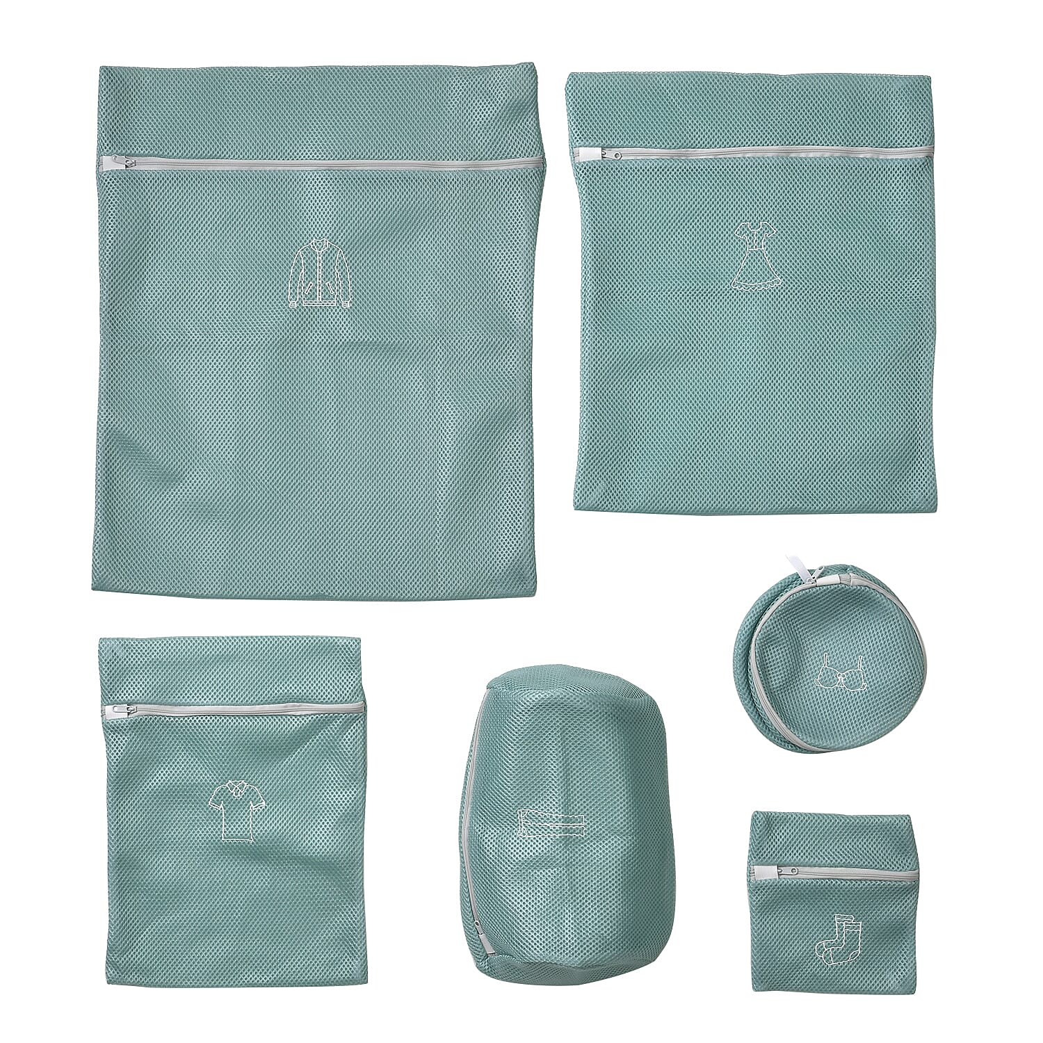 Set of 6 Embroidered Machine Laundry Bags- 1 extra large size(50x60cm), 1 large size(40x50cm), 1 medium size(30x40cm), 1 bra bag(16x18cm), 1 large round bag(20x30cm) - Green