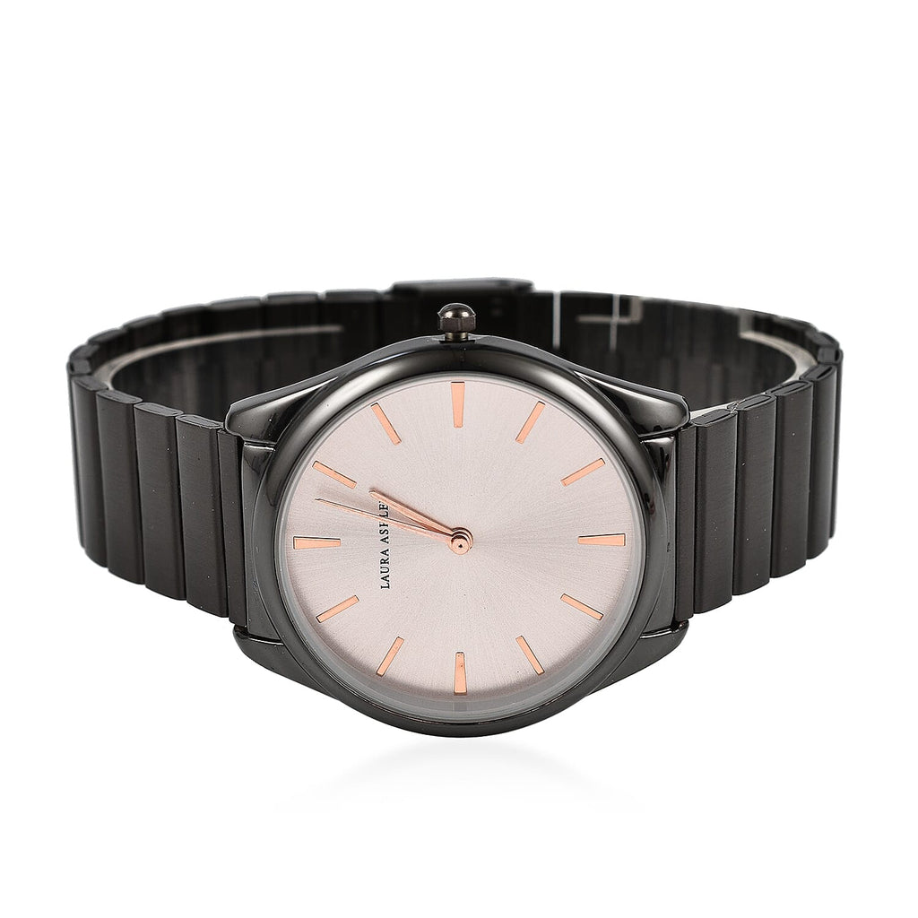 Laura Ashley Japanese Quartz Movement Womens Watch with Poney Pink Dial and Glided Bracelet - Black