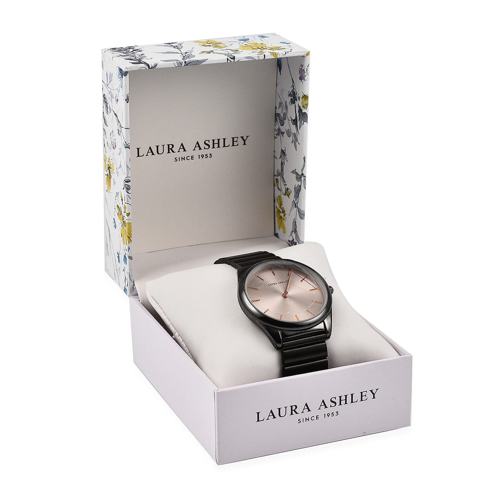 Laura Ashley Japanese Quartz Movement Womens Watch with Poney Pink Dial and Glided Bracelet - Black