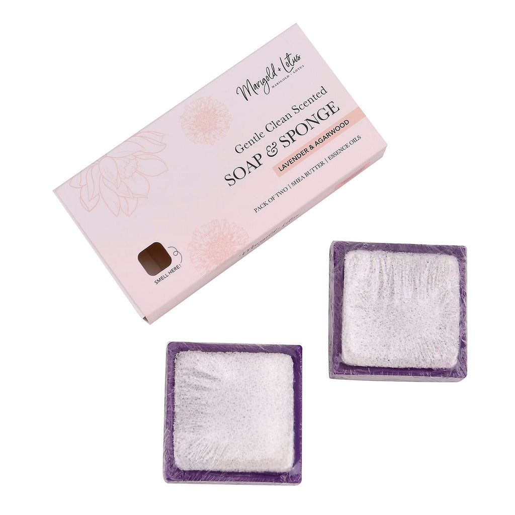 Marigold & Lotus Set of 2 Gentle Clean Scented Soap & Sponge - Lavender & Agarwood Oud