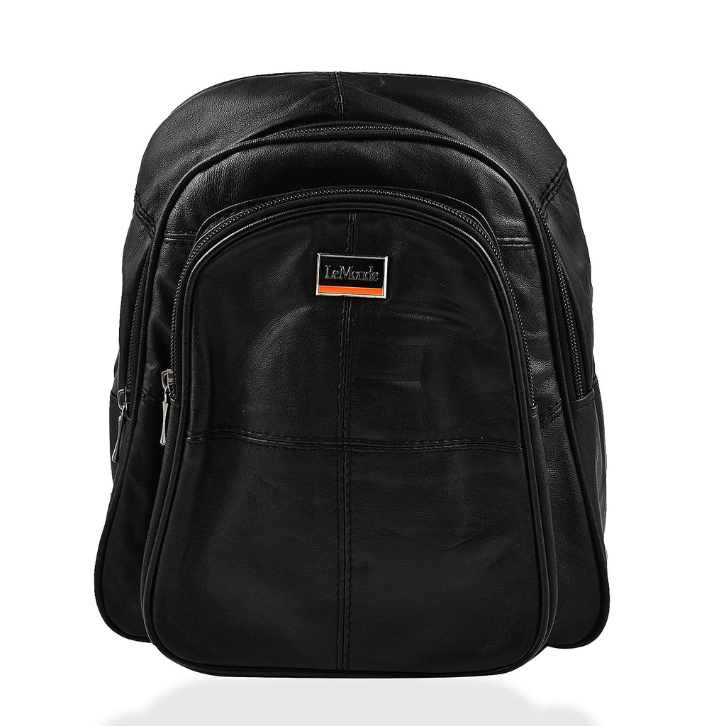 Le Monde Genuine Leather Backpack with Front Zipper Pocket - Adjustable Shoulder Strap - Black