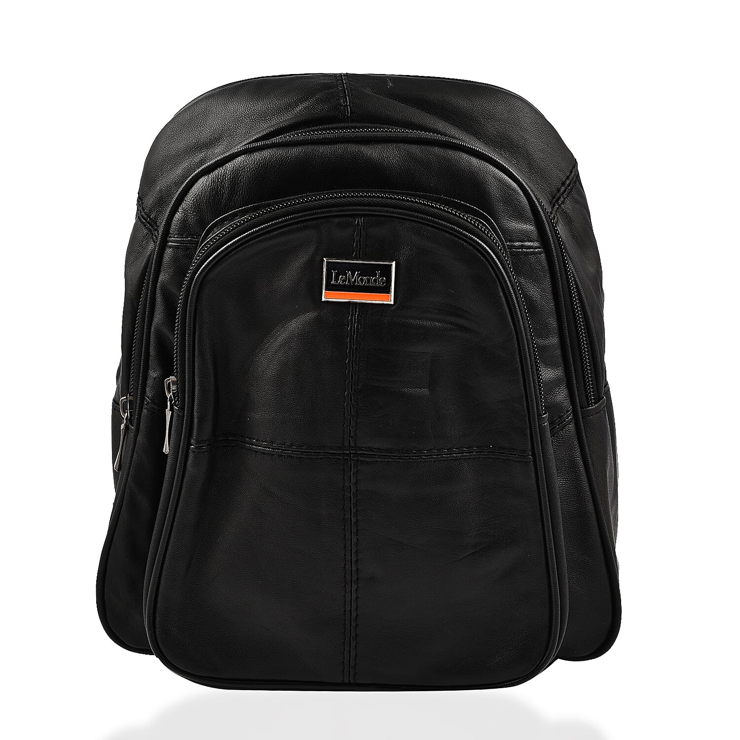 Le Monde Genuine Leather Backpack with Front Zipper Pocket - Adjustable Shoulder Strap - Black