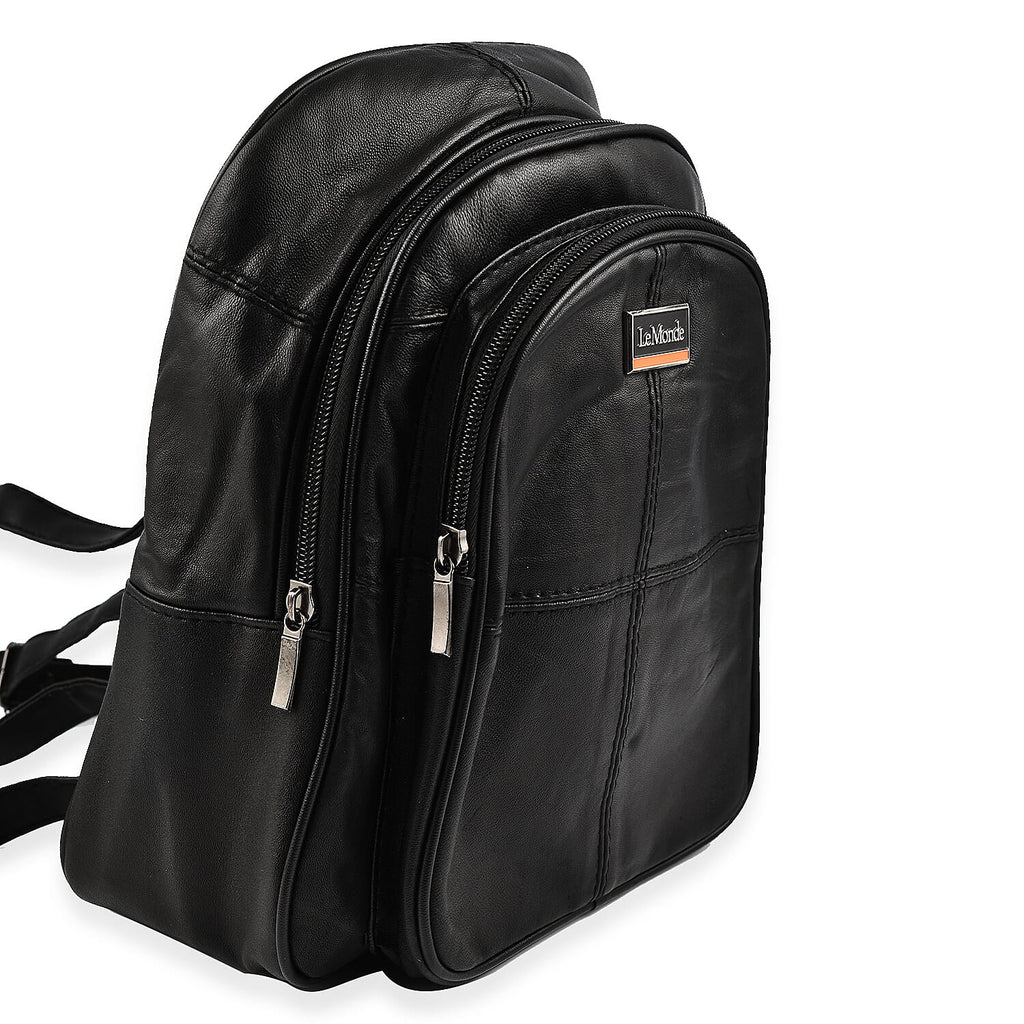 Le Monde Genuine Leather Backpack with Front Zipper Pocket - Adjustable Shoulder Strap - Black