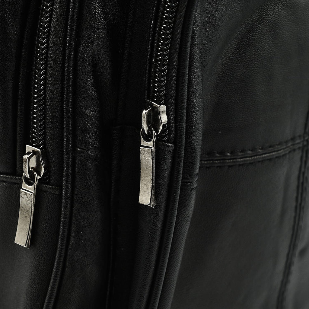 Le Monde Genuine Leather Backpack with Front Zipper Pocket - Adjustable Shoulder Strap - Black