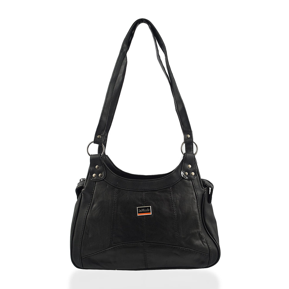 Le Monde Genuine Leather Ladies Tote Bag with Side Pocket & Handle Drop - Black