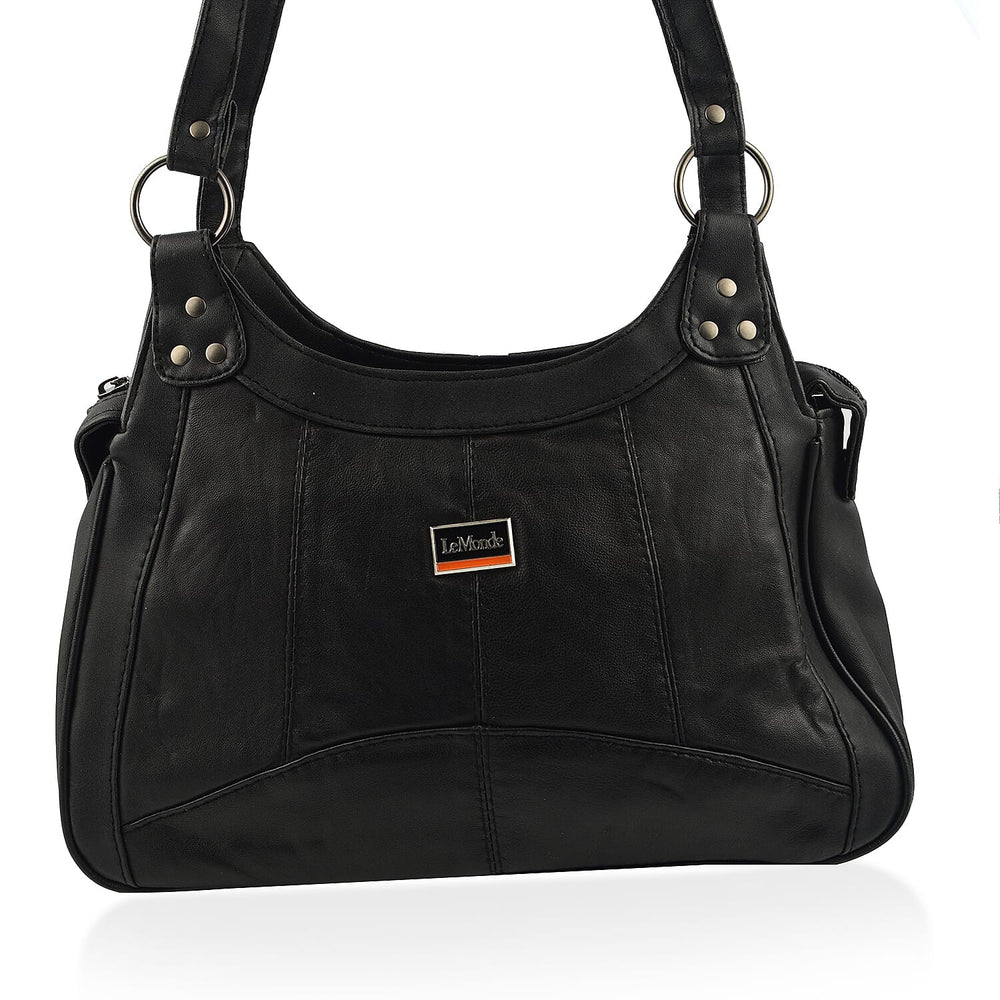 Le Monde Genuine Leather Ladies Tote Bag with Side Pocket & Handle Drop - Black