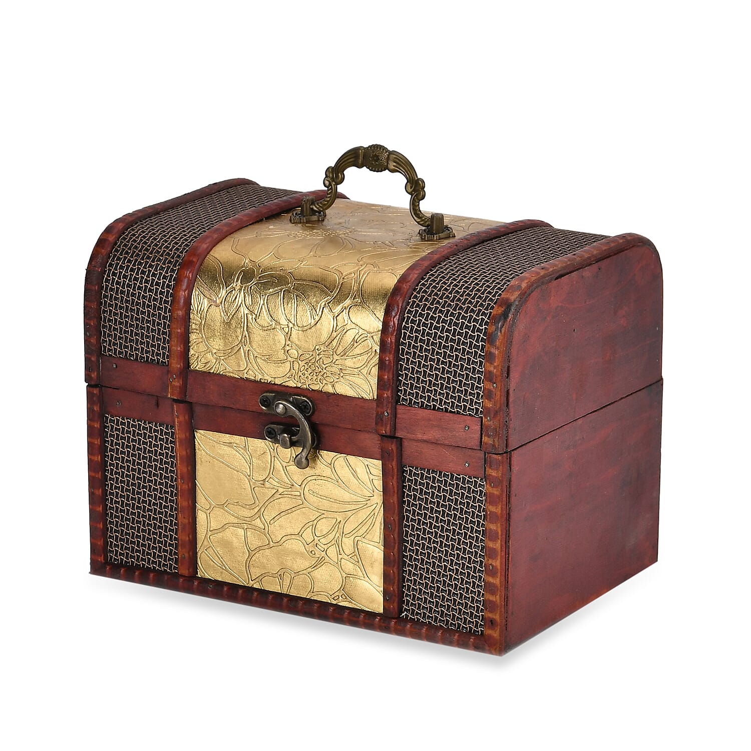 Classic Antique Style Leaf Pattern Wooden Storage Box (Size 21x16x14 cm) - Golden