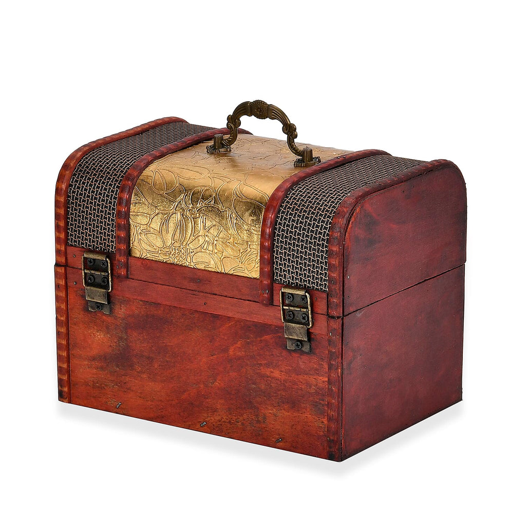 Classic Antique Style Leaf Pattern Wooden Storage Box (Size 21x16x14 cm) - Golden