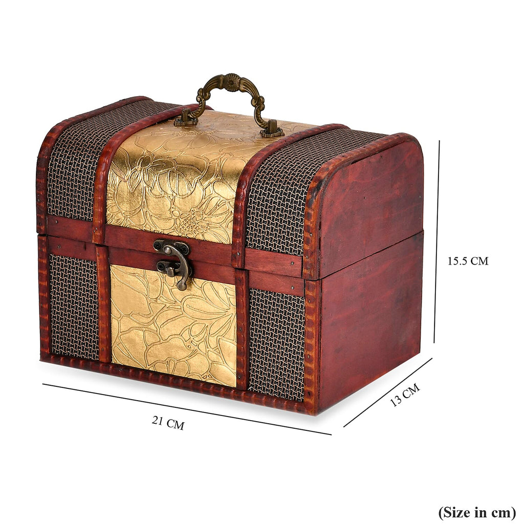 Classic Antique Style Leaf Pattern Wooden Storage Box (Size 21x16x14 cm) - Golden