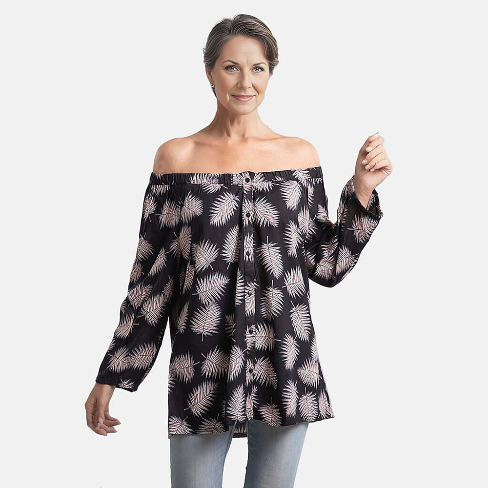 100% Viscose Leaf Pattern Off Shoulder Top (Size-12) - Black