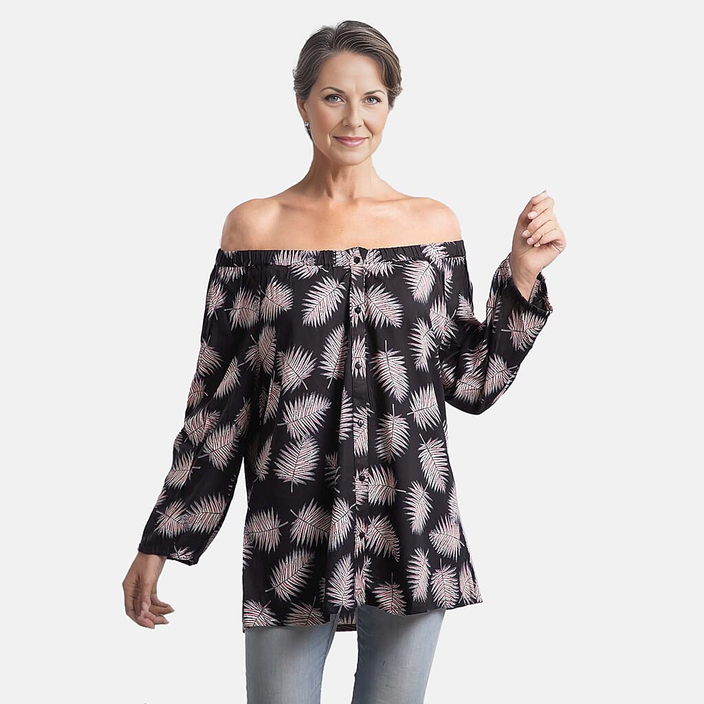 100% Viscose Leaf Pattern Off Shoulder Top (Size-12) - Black