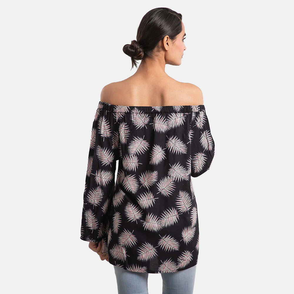 100% Viscose Leaf Pattern Off Shoulder Top (Size-12) - Black