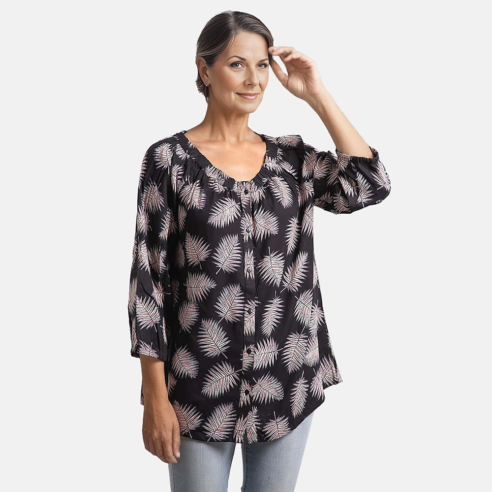 100% Viscose Leaf Pattern Off Shoulder Top (Size-12) - Black