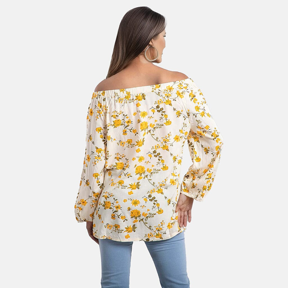 100% Viscose Floral Pattern Off Shoulder Top (Size-12) - Light Yellow