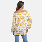 100% Viscose Floral Pattern Off Shoulder Top (Size-12) - Light Yellow