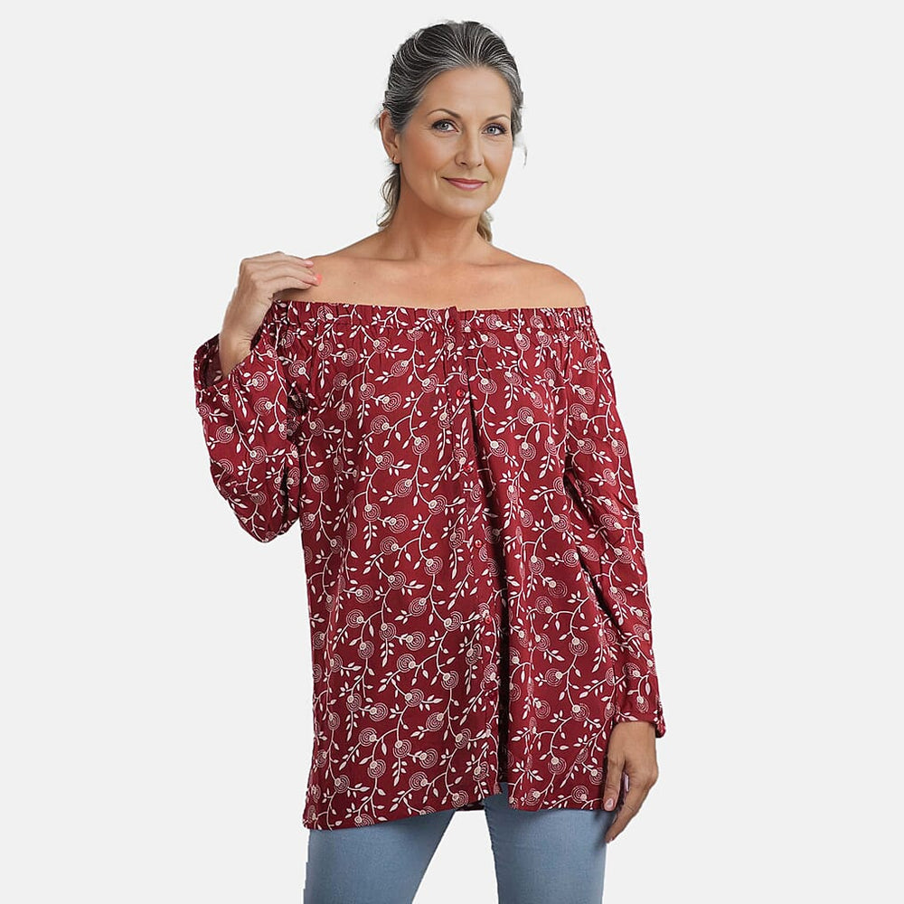 100% Viscose Floral Pattern Off Shoulder Top (Size-12) - Maroon