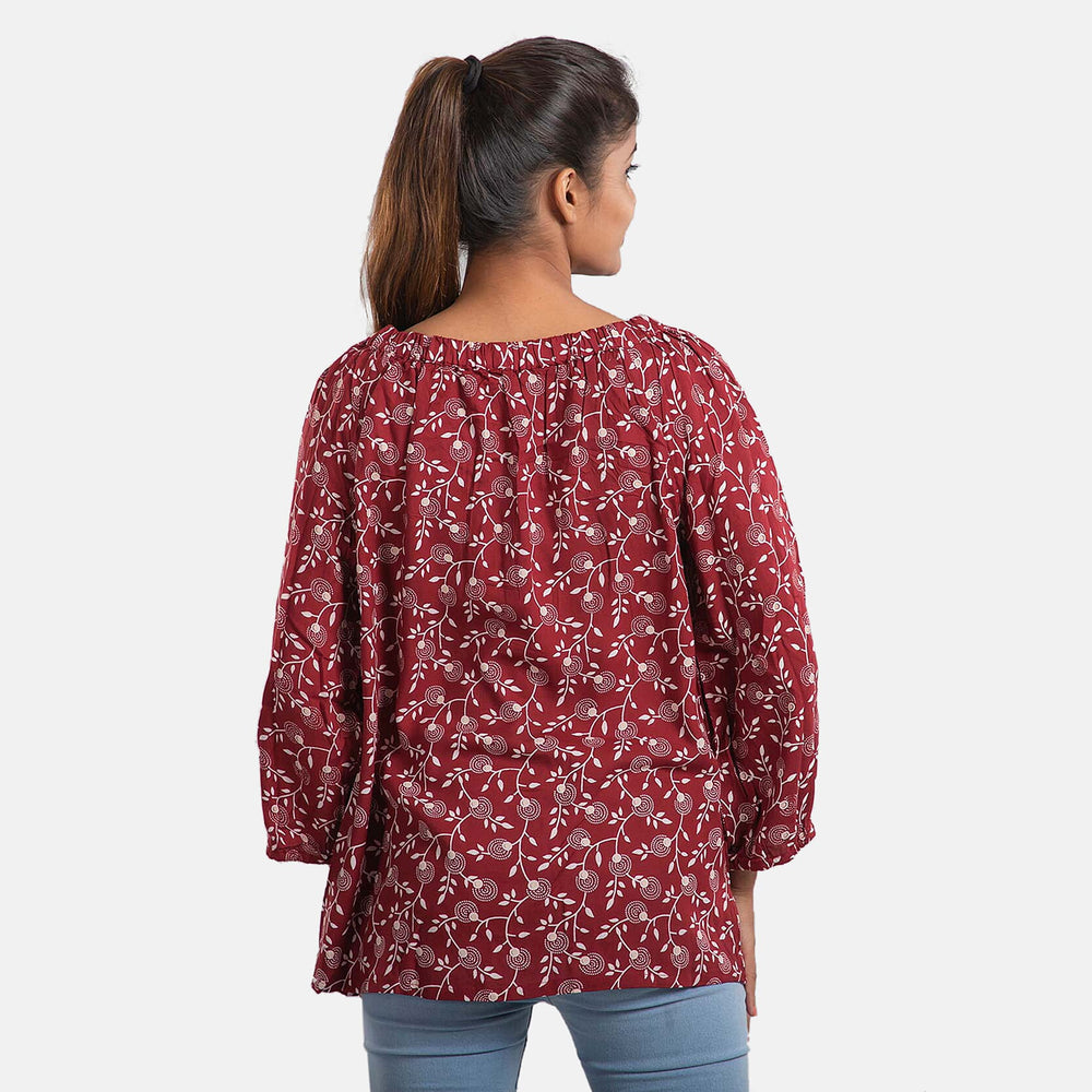 100% Viscose Floral Pattern Off Shoulder Top (Size-12) - Maroon