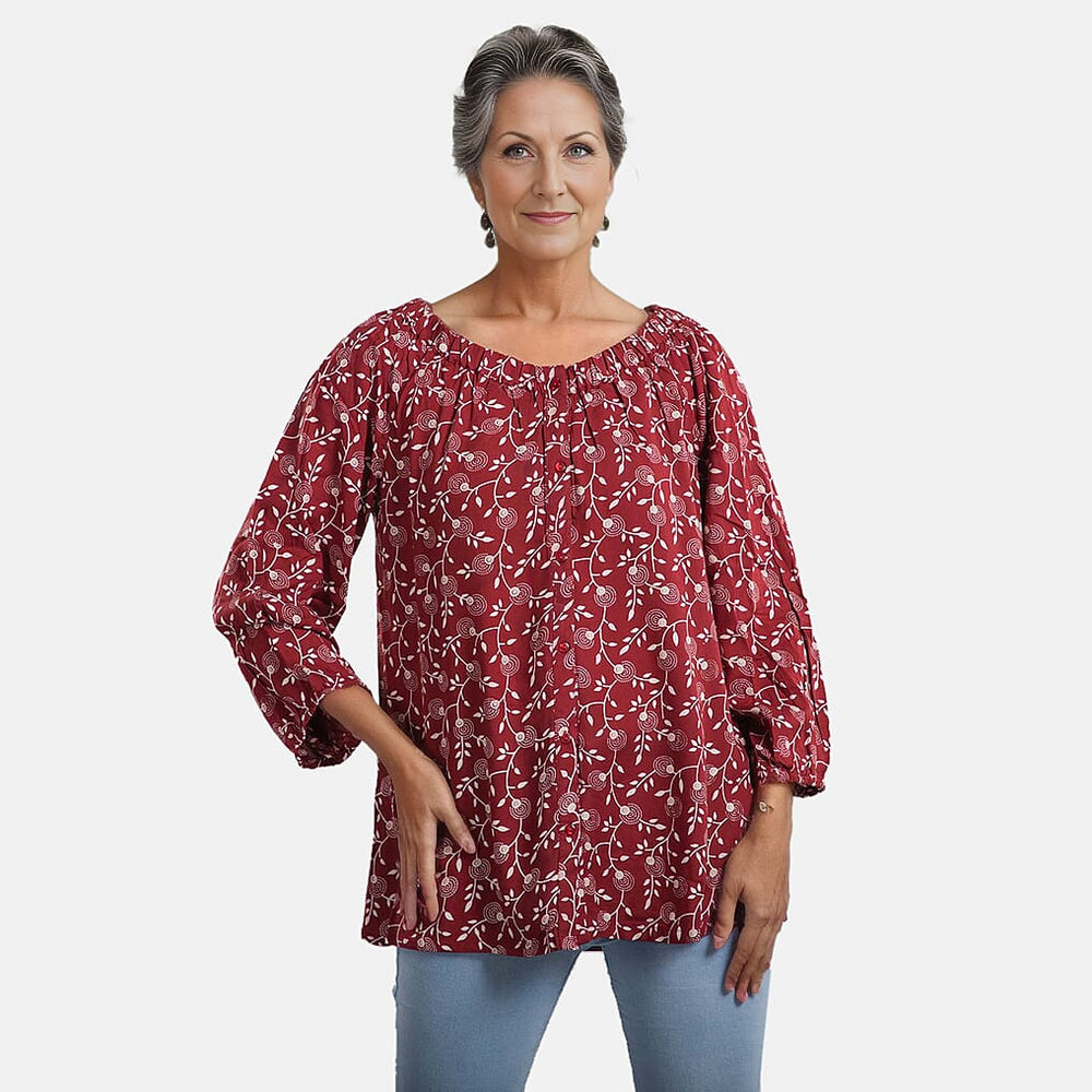 100% Viscose Floral Pattern Off Shoulder Top (Size-12) - Maroon