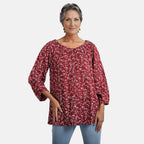 100% Viscose Floral Pattern Off Shoulder Top (Size-12) - Maroon