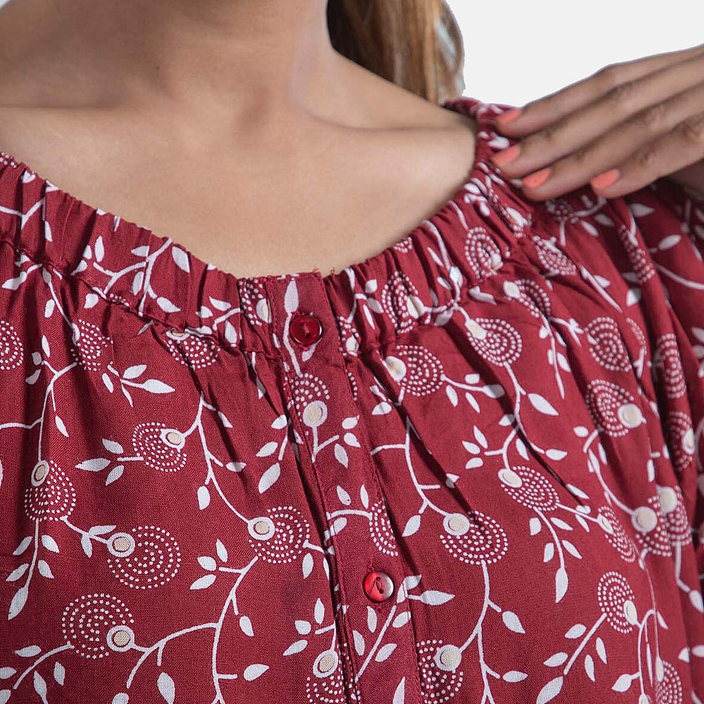 100% Viscose Floral Pattern Off Shoulder Top (Size-12) - Maroon