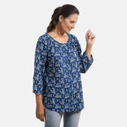 100% Viscose Leaf Pattern Off Shoulder Top (Size-10) - Navy