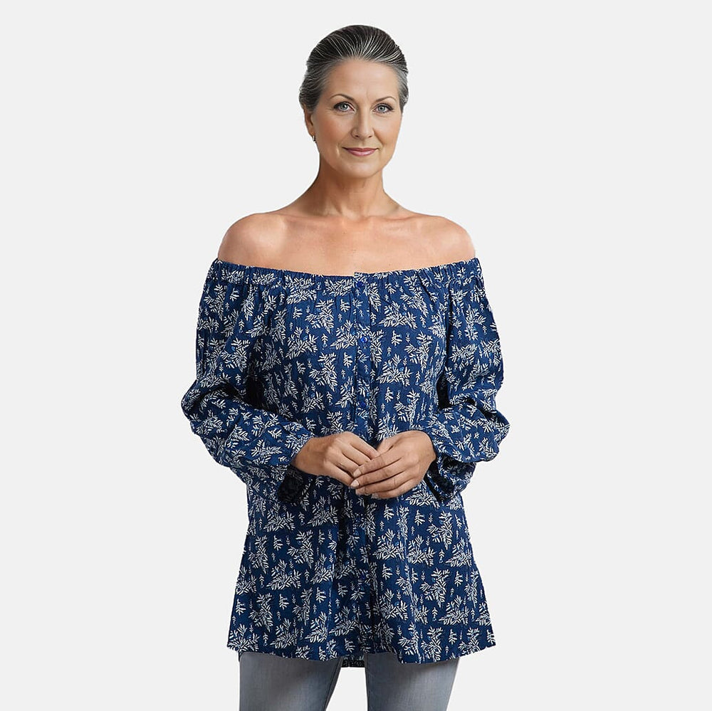 100% Viscose Leaf Pattern Off Shoulder Top (Size-14) - Navy