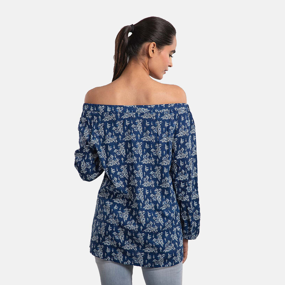 100% Viscose Leaf Pattern Off Shoulder Top (Size-14) - Navy