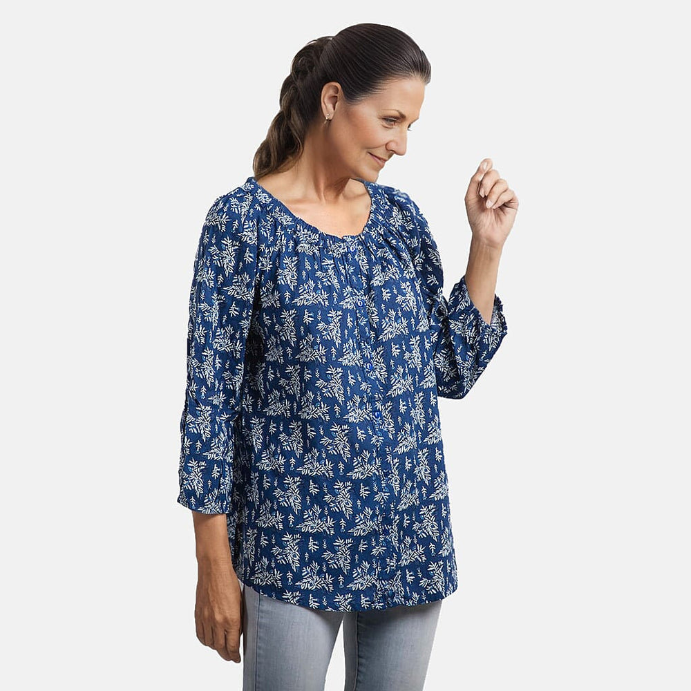 100% Viscose Leaf Pattern Off Shoulder Top (Size-14) - Navy