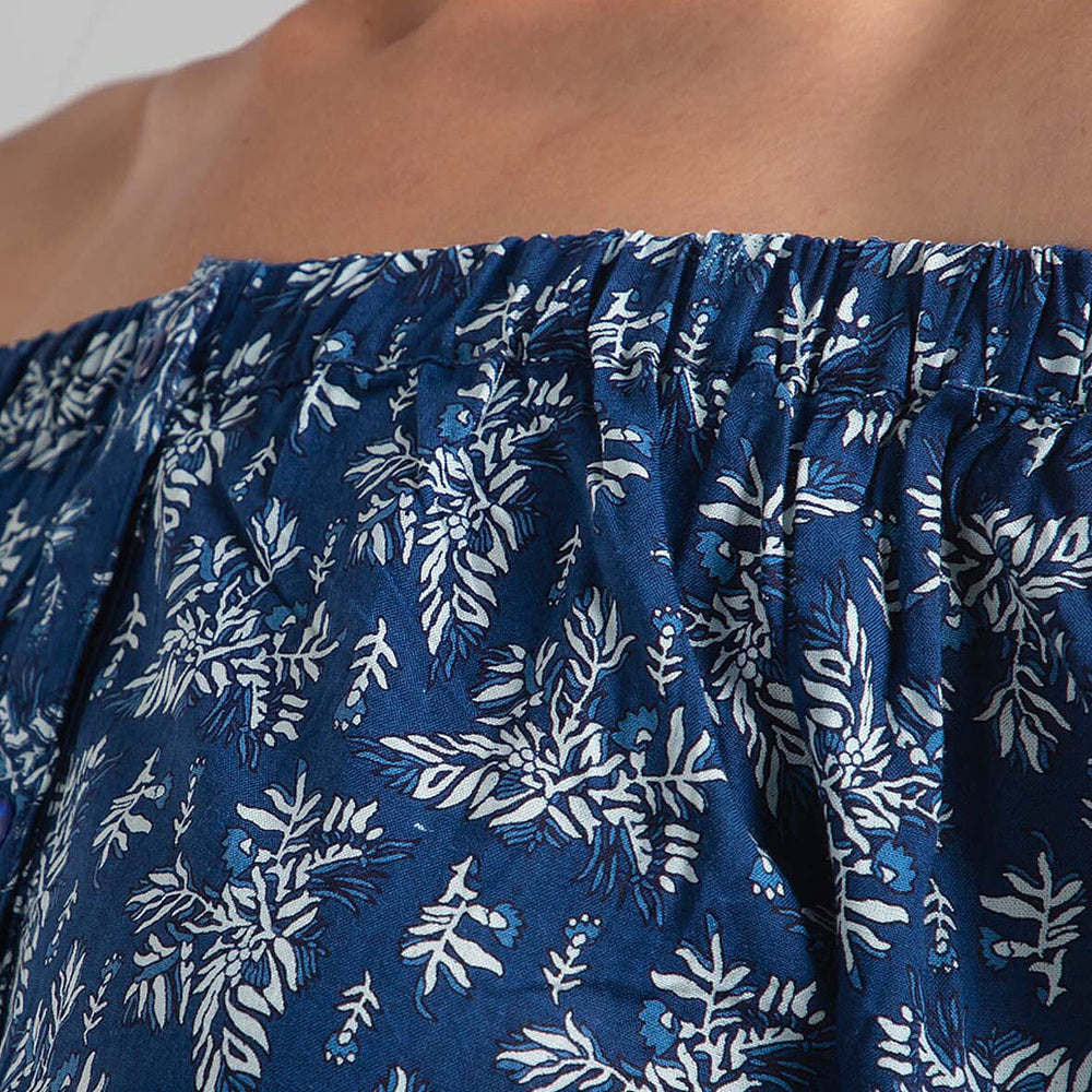 100% Viscose Leaf Pattern Off Shoulder Top (Size-14) - Navy