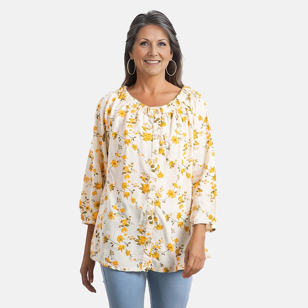 100% Viscose Floral Pattern Off Shoulder Top (Size-14) - Light Yellow