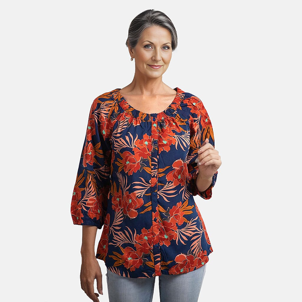 100% Viscose Floral Pattern Off Shoulder Top (Size-14) - Navy and Red