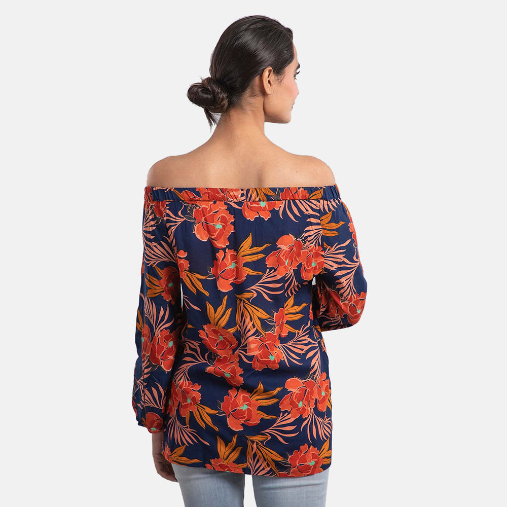 100% Viscose Floral Pattern Off Shoulder Top (Size-14) - Navy and Red