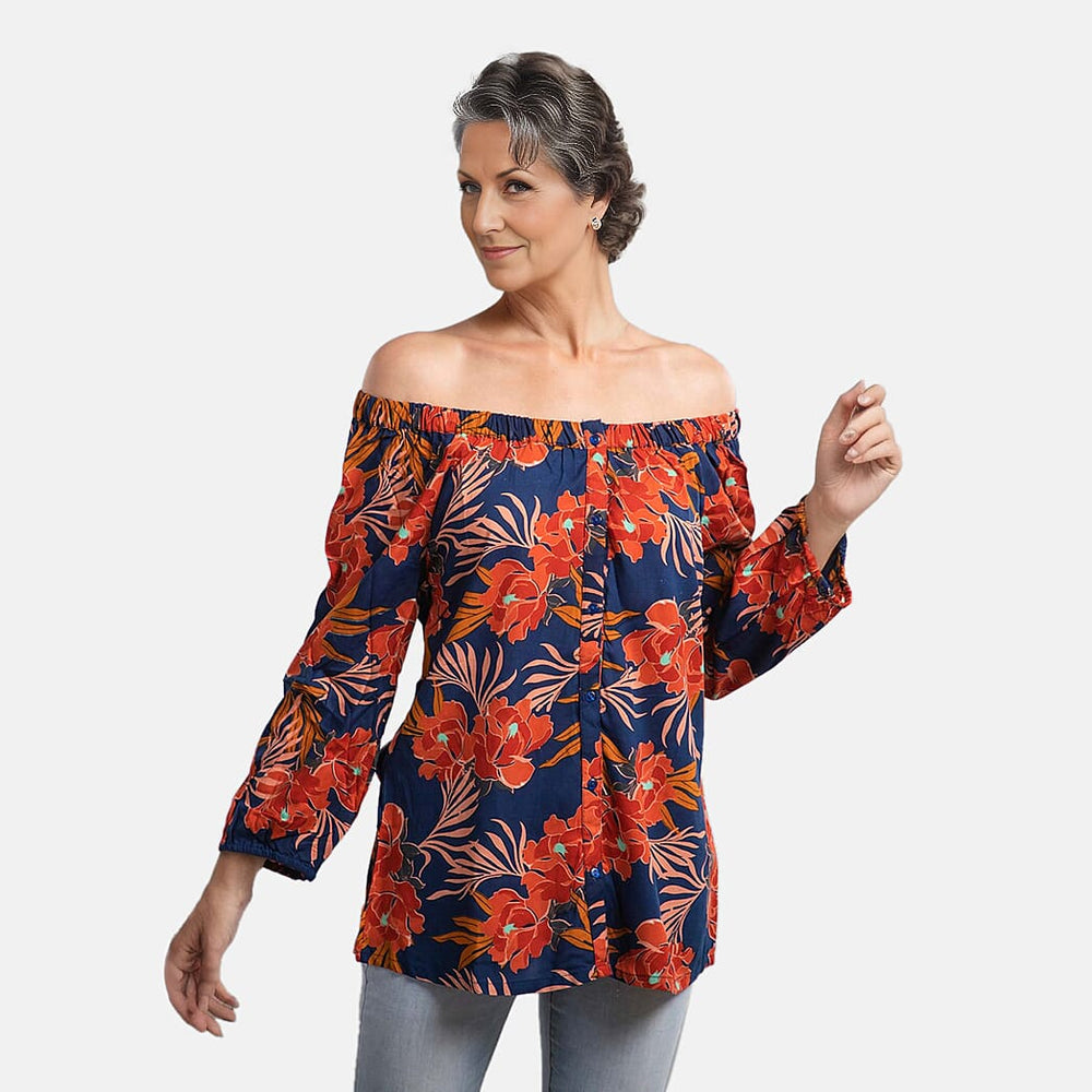 100% Viscose Floral Pattern Off Shoulder Top (Size-14) - Navy and Red