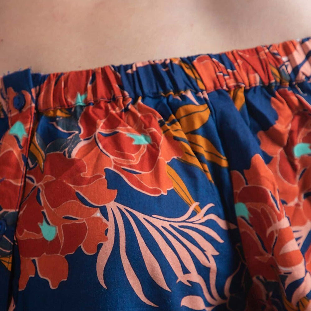 100% Viscose Floral Pattern Off Shoulder Top (Size-14) - Navy and Red