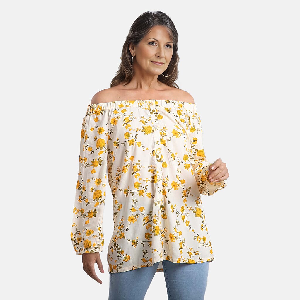 100% Viscose Floral Pattern Off Shoulder Top (Size-18) - Light Yellow