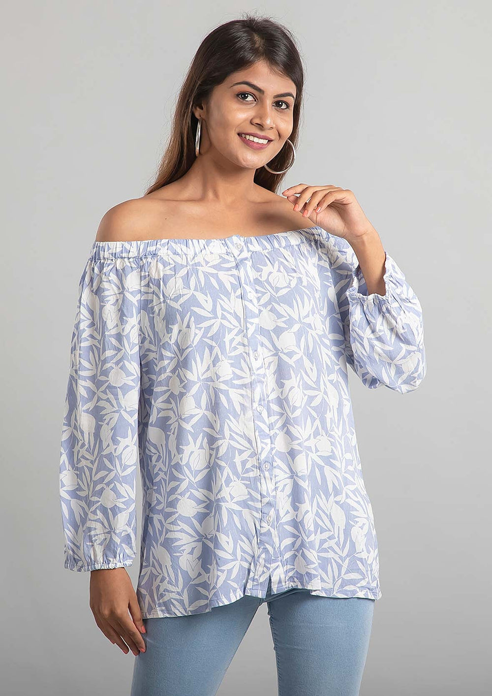 100% Viscose Leaf Pattern Off Shoulder Top (Size-18) - Light Blue