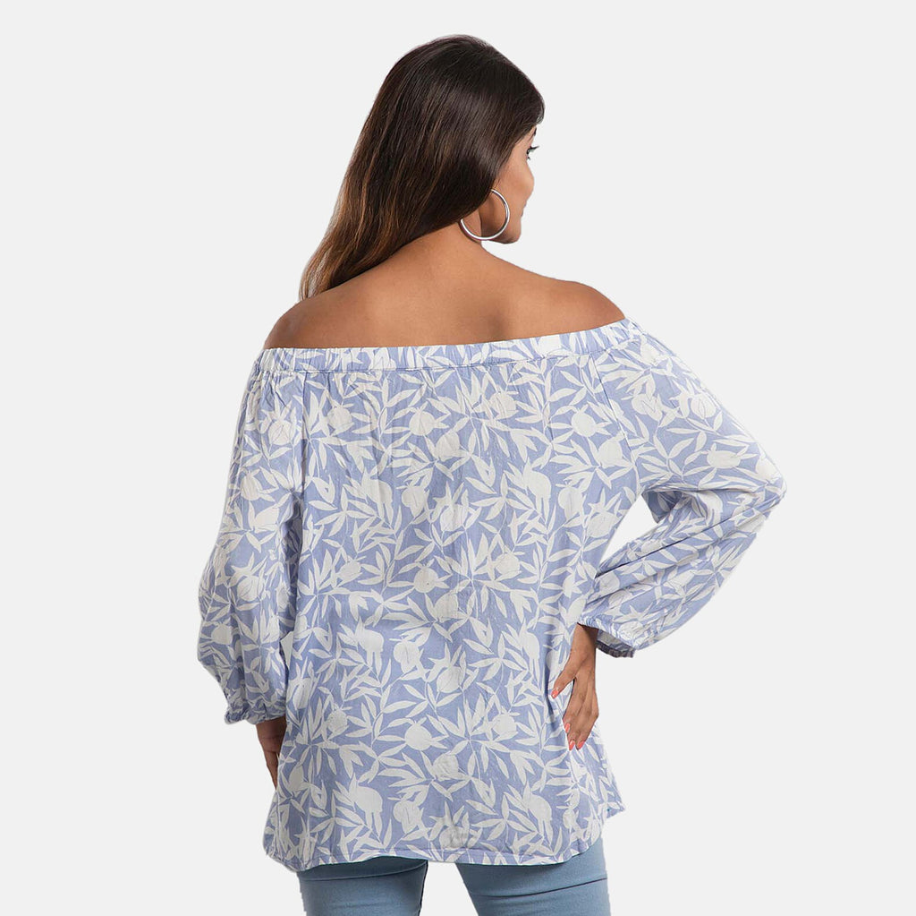 100% Viscose Leaf Pattern Off Shoulder Top (Size-18) - Light Blue