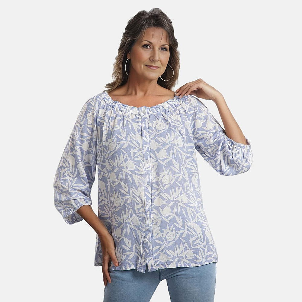 100% Viscose Leaf Pattern Off Shoulder Top (Size-18) - Light Blue